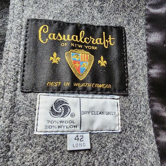 Casualcraft of New York Overcoat Men Size 42 Long Gray Long Sleeve Collared Wool - Picture 4 of 10